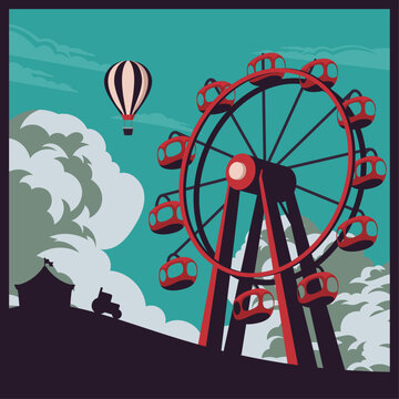 Vintage Ferris Wheel Carnival Poster with Hot Air Balloon Vector Illustration
