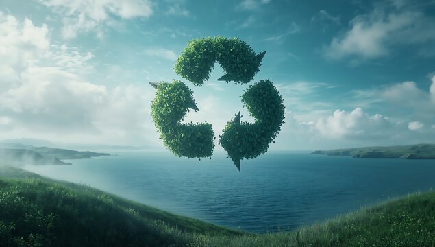 Generative AI creates an eco-friendly symbol floating above a scenic lake landscape