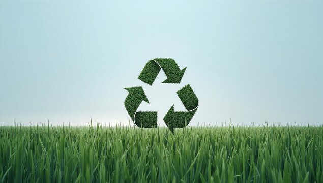 Generative AI depicting a lush grassy field with a recycling symbol made of greenery
