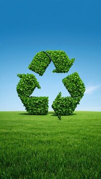 Generative AI depicts a lush green recycling symbol made from dense foliage standing in a bright