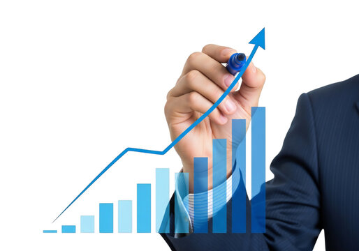 Business growth graph with blue marker and hand drawing isolated on transparent background