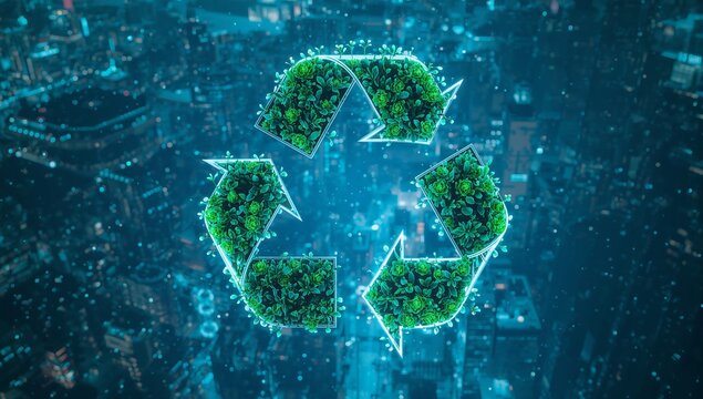 Generative AI visualizes sustainable recycling concepts in a futuristic cityscape