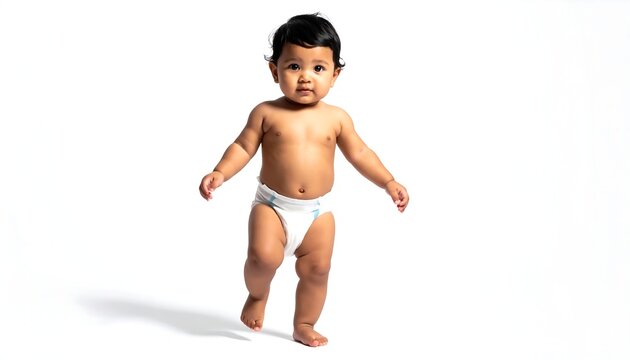 A small baby with dark hair and a diaper takes a tentative step forward against a white background, arms outstretched