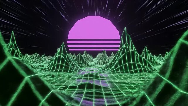 Retro-futuristic digital landscape with glowing neon green wireframe mountains and a grid path leading to a radiant purple sun, evoking a nostalgic aesthetic