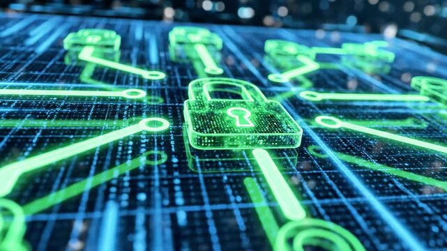 A futuristic digital illustration of glowing green keys on a blue circuit board background