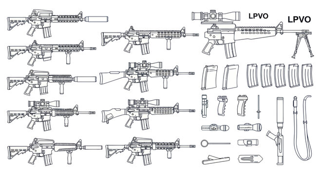 Assault Rifle Components and Accessories Blueprint Illustration