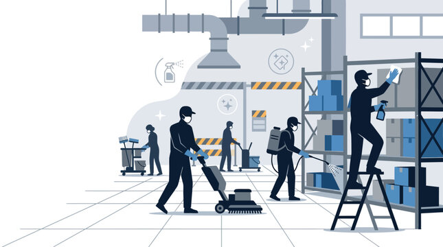 Professional warehouse cleaning crew sanitizing and organizing industrial storage facility.