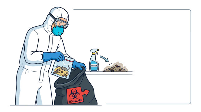 Professional worker in hazmat suit disposing of hazardous medical waste.