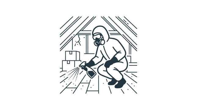 Professional worker in protective hazmat suit cleaning and disinfecting a dusty attic.