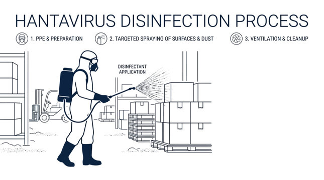 Professional worker wearing hazmat suit disinfecting warehouse for hantavirus prevention.