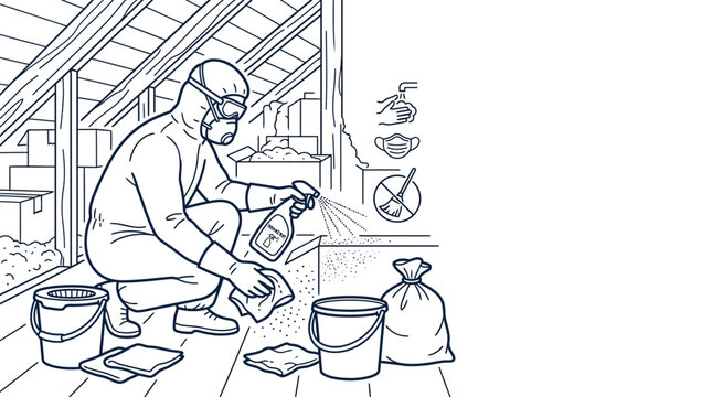 Professional worker in protective suit cleaning surfaces in attic.