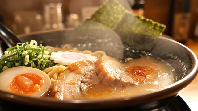 Steaming Bowl of Japanese Ramen Noodles with Pork and Egg