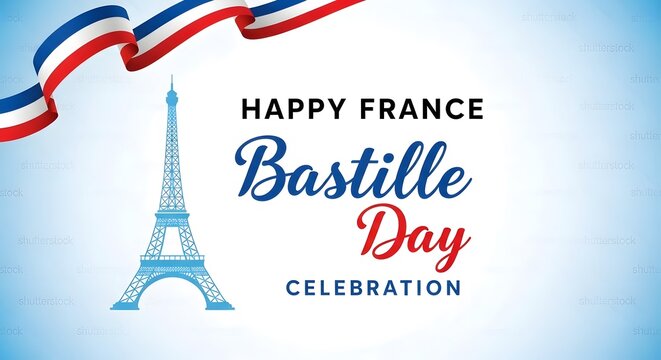 Bastille day happy france bastille day celebration banner with eiffel tower and french flag ribbon