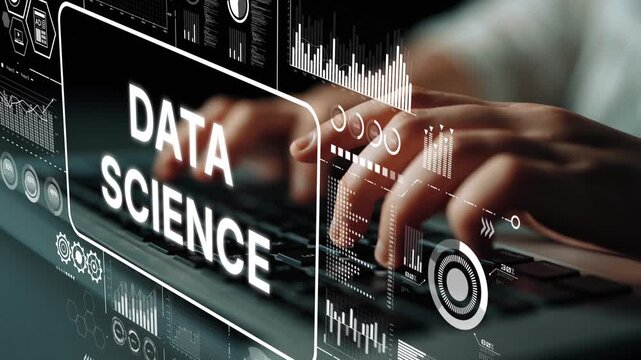 Hands Typing on Keyboard with Data Science Graphics and Digital Elements for Technology and Innovation Background. Asymptotic smart data analytic.