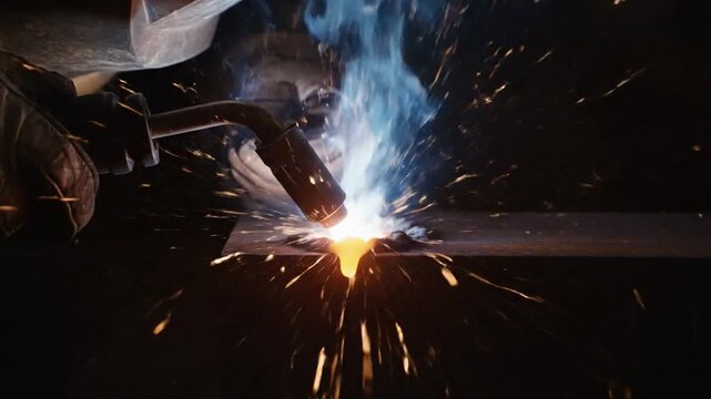 Welder Working With Metal Creating Sparks