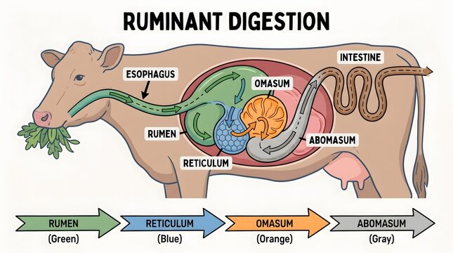 Ruminant Digestion Diagram Illustrating the Complex Four Chamber Stomach Anatomy of a Cow for Educational Purposes
