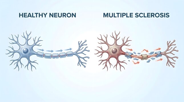 Neuron Anatomy Illustrating Multiple Sclerosis Demyelination and Healthy Nerve Signal Transmission for Medical Education