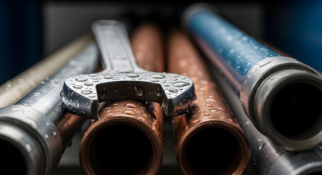 Wrench Adjusting Copper Pipes in Industrial Plumbing Setup with Metal Pipes Close-Up View