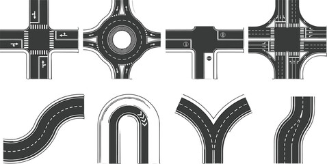 Top View Road Intersection Vector Set with Asphalt Highways, Traffic Roundabouts, Crossroad Junctions, Pedestrian Crossings, and Curved Map Constructor Elements © Mdsurjo