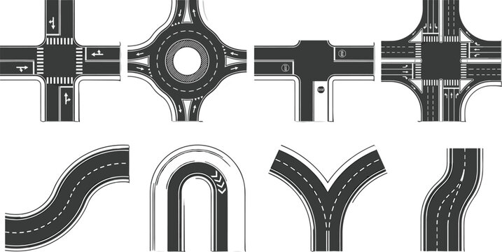 Top View Road Intersection Vector Set with Asphalt Highways, Traffic Roundabouts, Crossroad Junctions, Pedestrian Crossings, and Curved Map Constructor Elements