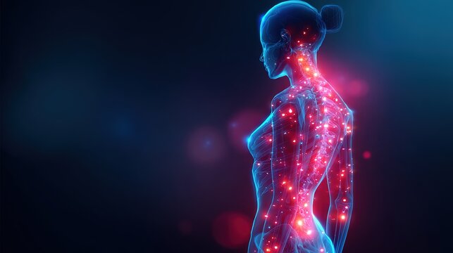 Fibromyalgia syndrome medical conceptual art, chronic widespread body pain disease, persistent muscle soreness, extreme fatigue, sleep problems and nerve sensitivity symptoms, chronic autoimmune illne