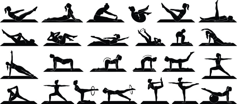 Black and white yoga and exercise poses collection