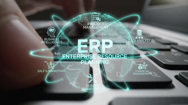 ERP platform visual showing centralized system for enterprise resource planning, improving integration, data flow, business efficiency, finance, inventory, and human resources. Muxer