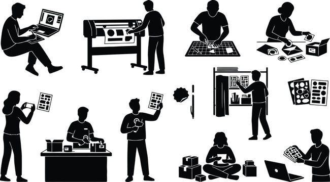 Illustrations of people working in graphic and print design