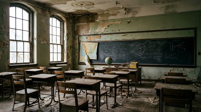 Exploring a deserted educational room with weathered wooden desks and chairs a dusty chalkboard displaying faded writing and large arched windows letting in diffused natural light evoking a