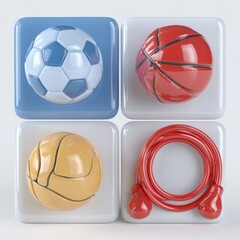 Obraz premium A collection of three rubber toy miniatures showing a soccer ball, basketball, and jump rope arranged on white tiles.