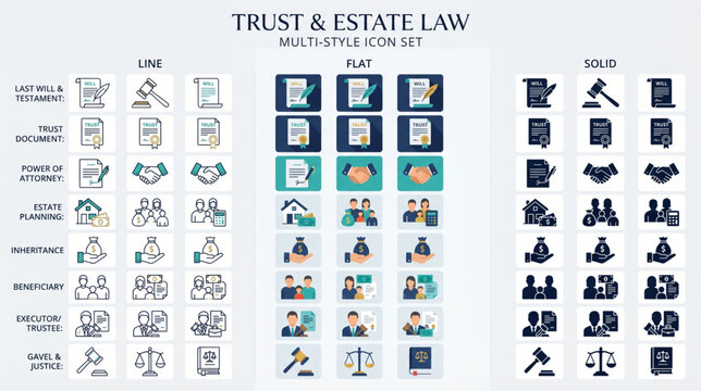 Trust and estate law icon set featuring line, flat, and solid styles. Concepts include last will and testament, inheritance, power of attorney, legal documents, and justice symbols.