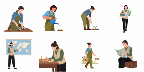 Collection of flat vector illustrations featuring women in gardening, geography teaching, and travel activities © nada
