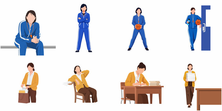 Vector illustration set of female teacher and sports coach characters in various poses for school education concepts