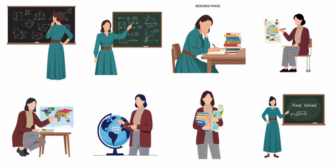 Fototapeta premium Set of female educator characters teaching mathematics, geography, and conducting research, flat vector illustration