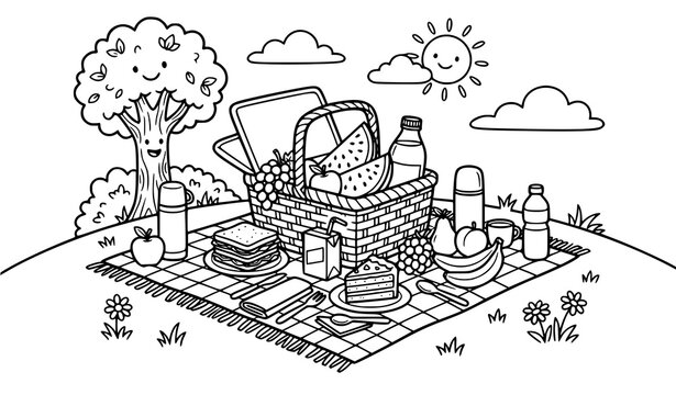 Printable picnic food coloring page vector isolated on white
