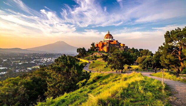 A serene landscape with a building on a hill overlooking a town