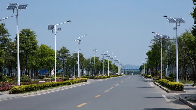 Urban solar smart street lamp, neat smooth road, urban low-carbon environmental street view