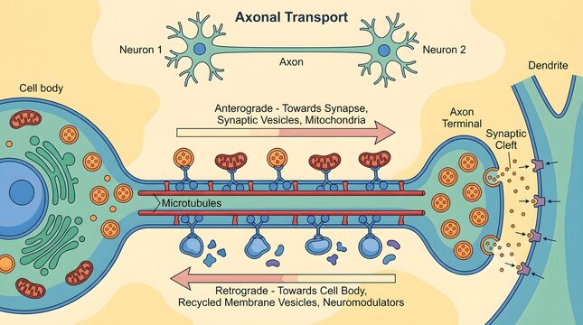Axonal Transport Diagram Illustrating Anterograde and Retrograde Movement of Cellular Components in Neurons for Educational Purposes