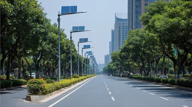 Urban solar smart street lamp, neat smooth road, urban low-carbon environmental street view
