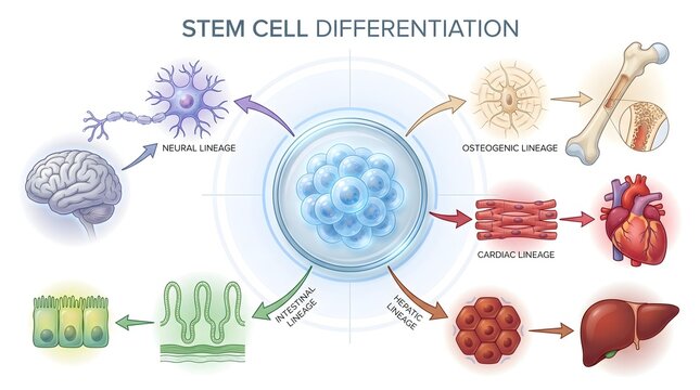 Stem Cell Differentiation Diagram Showing Various Cell Lineages and Organ Formation for Educational Biology and Medical Concepts