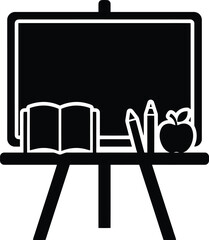 Fototapeta premium Black silhouette of school supplies including blackboard open book pencils and apple on stand.