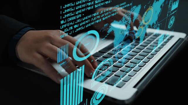 A modern business workspace featuring a person interacting with a laptop, surrounded by vibrant digital analytics overlays showcasing essential data visualizations and metrics. Cipher