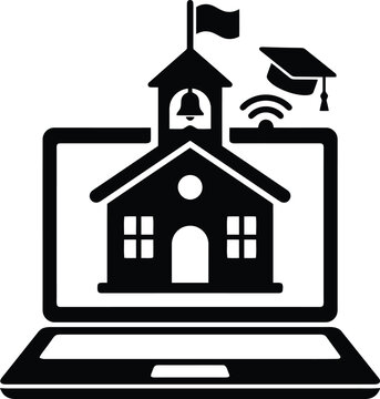 Online school concept represented by a laptop screen with building architecture and graduation cap icon.