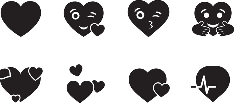 Collection of various heart icons in different shapes and expressions on white background