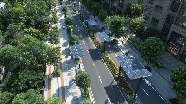 Urban solar smart street lamp, neat smooth road, urban low-carbon environmental street view