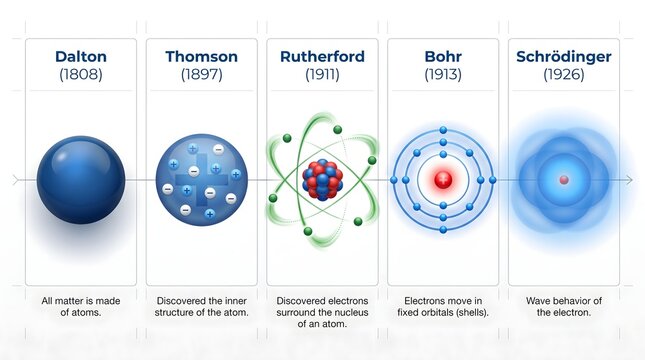 Atomic Model Evolution Showing the Historical Development of Atomic Theory from Dalton to Schrdinger Concept for Education