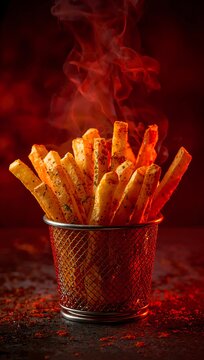 Generative AI depicts spicy crispy French fries emitting steam in a metal container