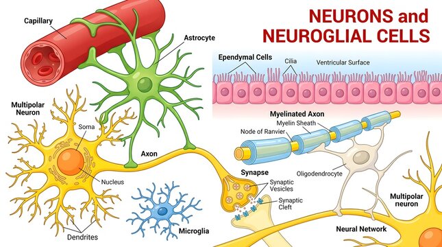 Neural Network Illustration Showing Detailed Structures of Neurons and Neuroglial Cells for Educational Purposes
