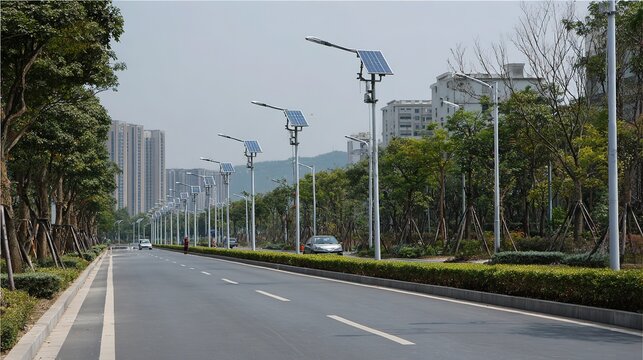 Urban solar smart street lamp, neat smooth road, urban low-carbon environmental street view