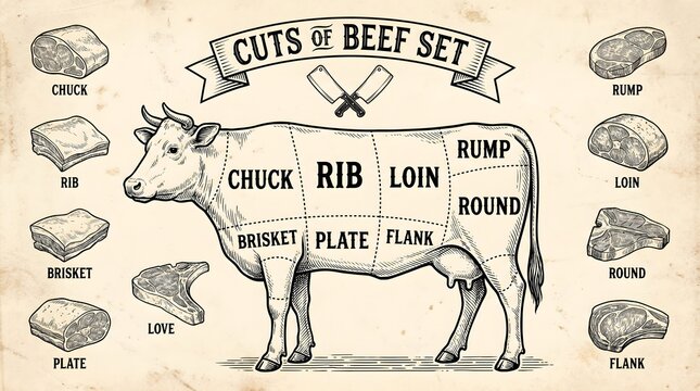 Beef Cuts Diagram Vintage Style Educational Chart for Butchery and Culinary Reference